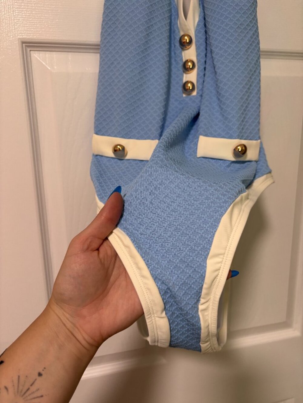 Light Blue Textured One-Piece Swimsuit | Gold Button Halter | NWT (XL) - Picture 4 of 8